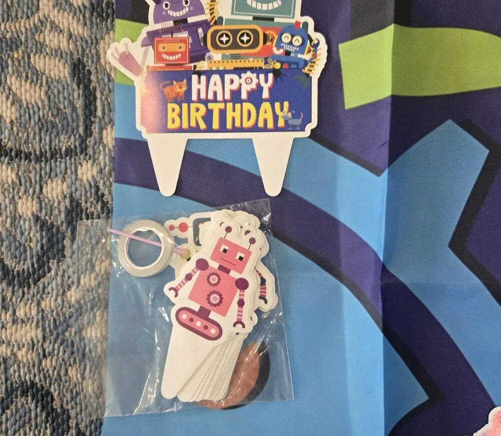 Happy Birthday Robot Banner - Purple and Yellow Party Backdrop